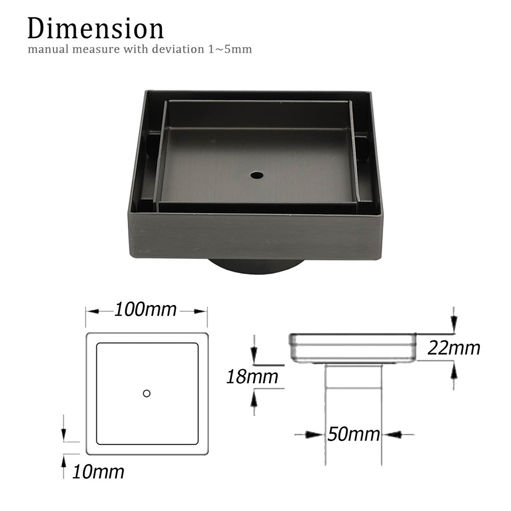 Gun Metal 100mm Square Tile Insert Floor Drain Small Shower Grate 50mm Waste Set