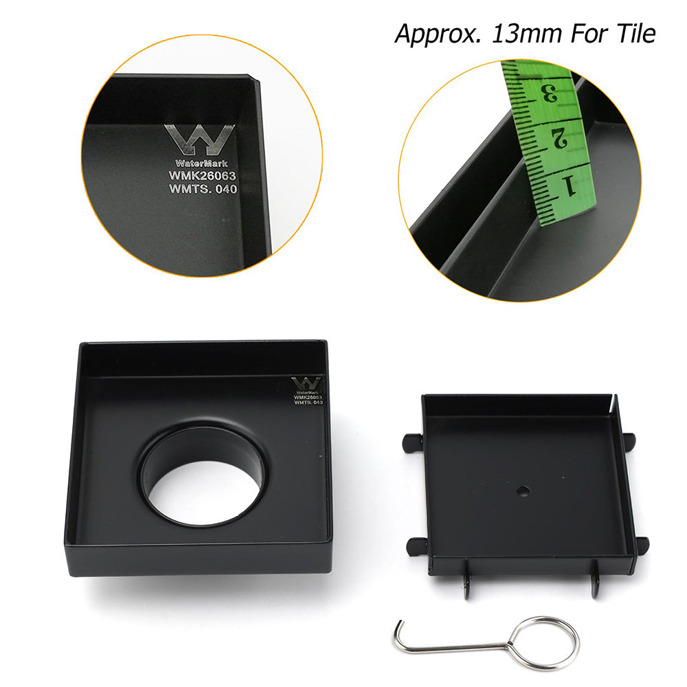 WaterMark Matt Black 100x100mm Square Tile Insert Shower Grate Floor Drain 50mm Waste