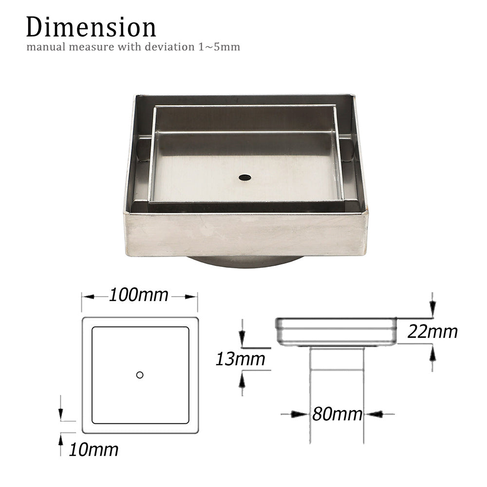 WaterMark Brushed 100mm Square Tile Insert Shower Grate Floor Drain 80mm Waste
