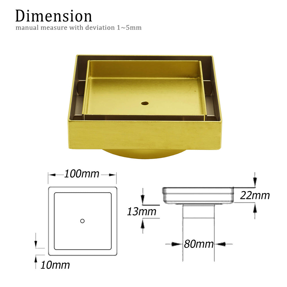 Brushed Gold 100x100mm Tile Insert Floor Drain Square Shower Grate 80mm Waste