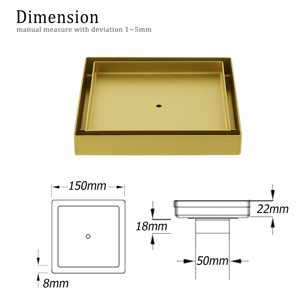 Brushed Gold Square 150x150mm Tile Insert Floor Drain Shower Grate 50mm Waste