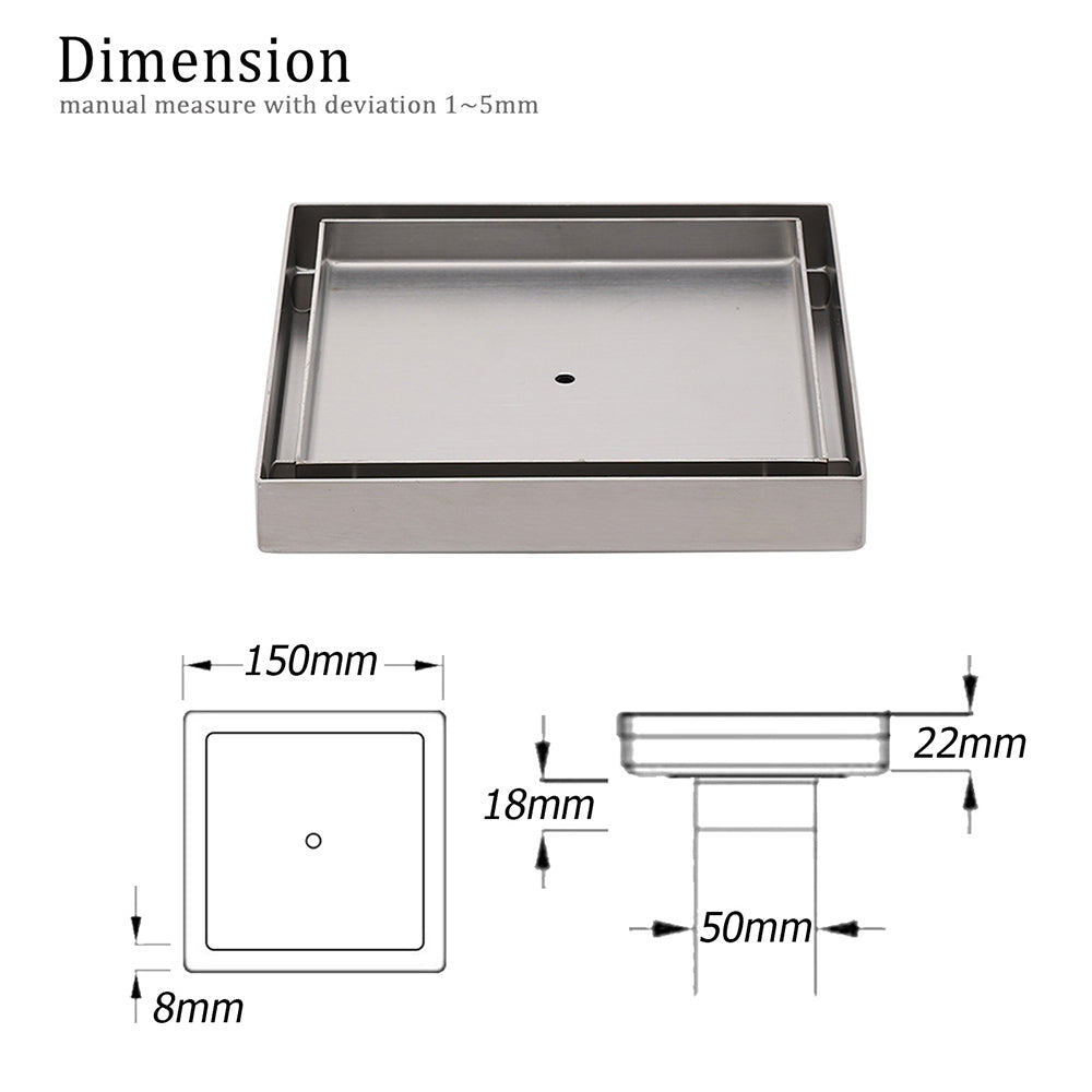150x150mm Square Tile Insert Floor Drain Stainless Steel Shower Grate 50mm Waste