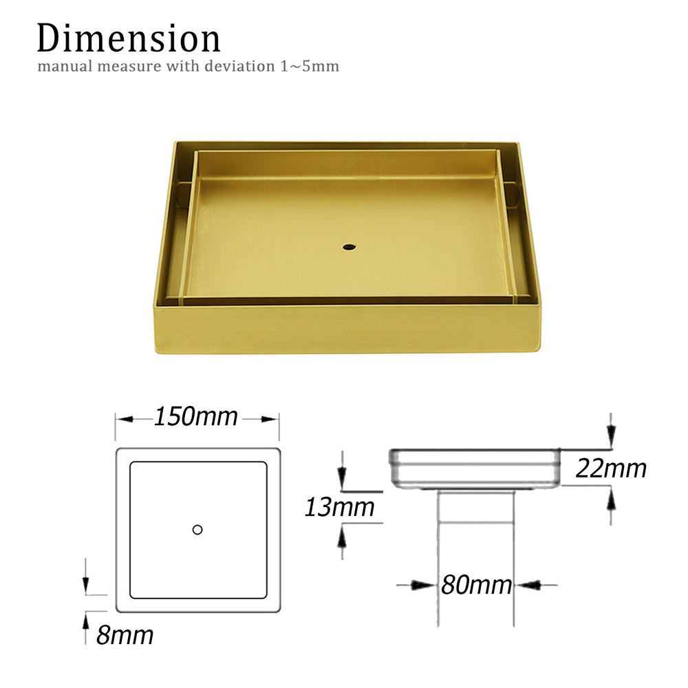 Shower Heads & Screens: Brushed Gold 150x150mm Tile Insert Floor Drain Shower Grate 80mm Waste Watermark