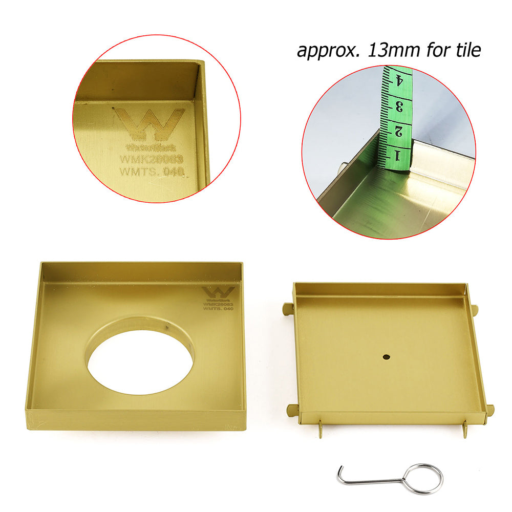 Shower Heads & Screens: Brushed Gold 150x150mm Tile Insert Floor Drain Shower Grate 80mm Waste Watermark