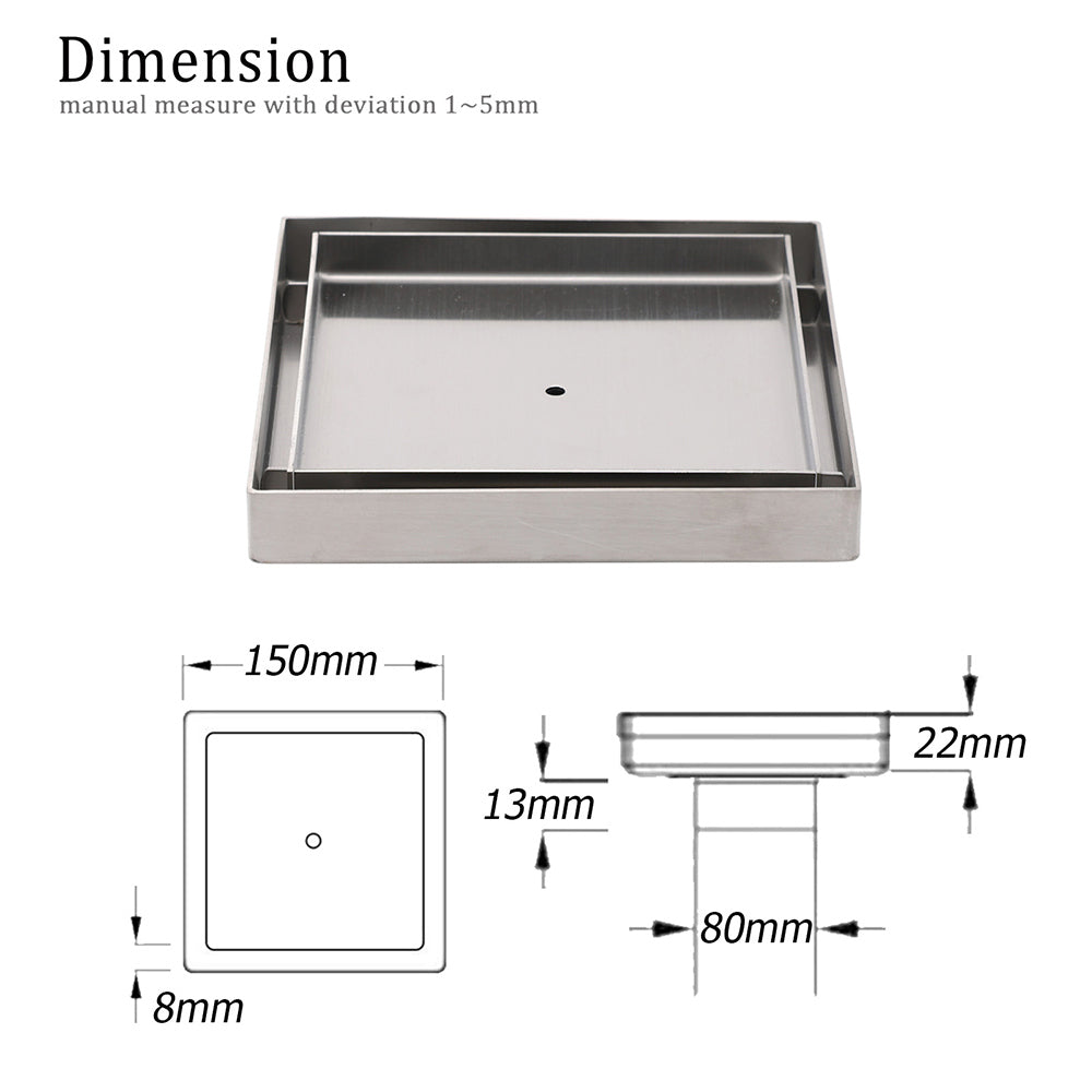 Square 150x150mm Tile Insert Floor Drain 80mm Waste Stainless Steel Shower Grate