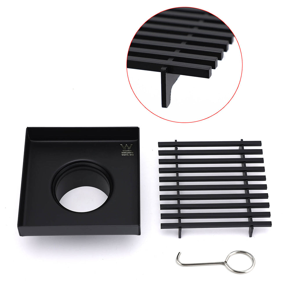 Shower Heads & Screens: Matt Black 100mm Square Strip Fence Shower Grate Bathroom Floor Drain 50mm Waste