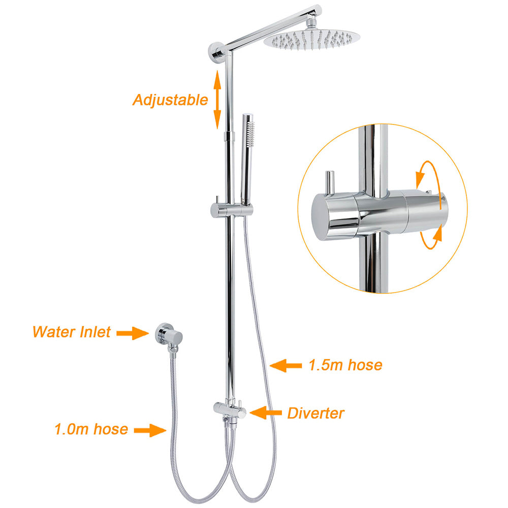 Shower Heads & Screens: WELS Chrome Round 8" Stainless Steel Rain Head Stick Handheld Sliding Rail Arm Dual Shower Set