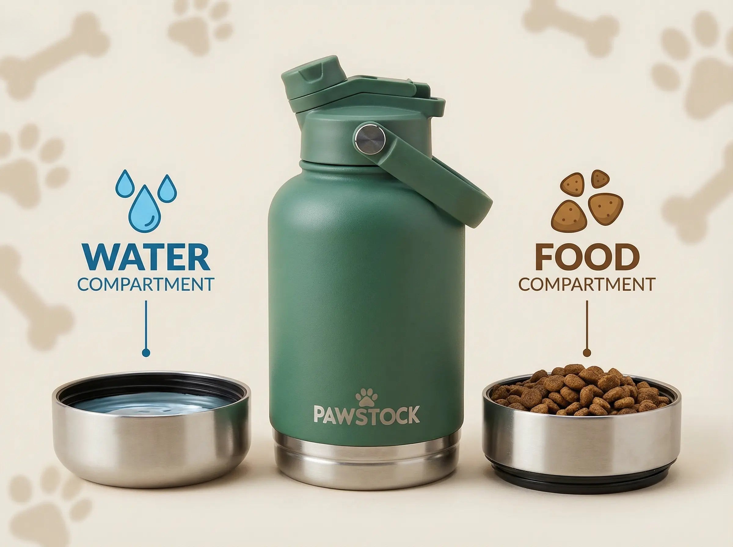 Pawstock 3-in-1 Insulated Dog Water Bottle with Dual Bowls – 1L Stainless Steel Travel Bottle-Rainforest Green