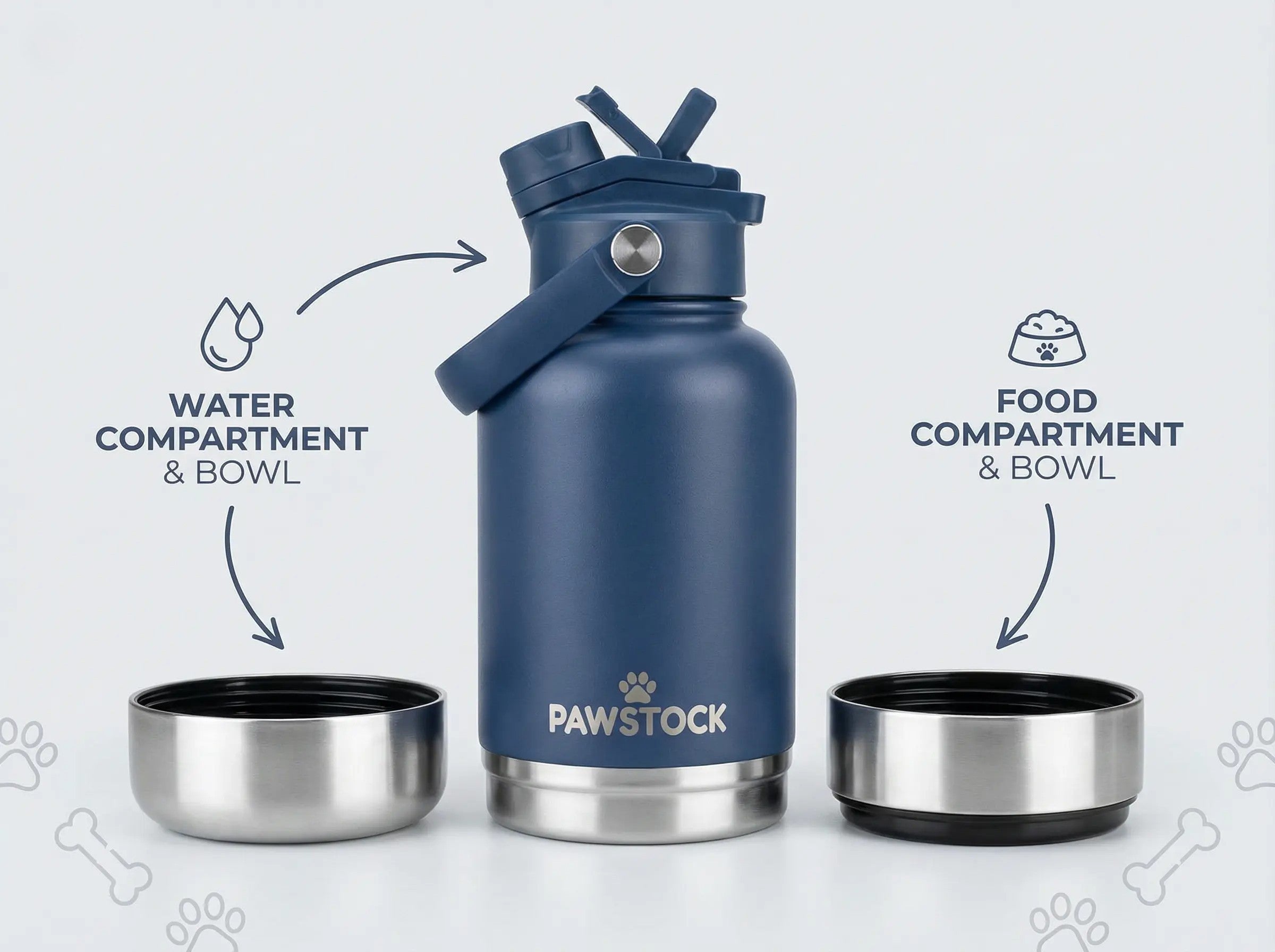 Dog Bowls, Feeders & Waterers: Pawstock 3-in-1 Insulated Dog Water Bottle with Dual Bowls  1L Stainless Steel Travel Bottle - Navy