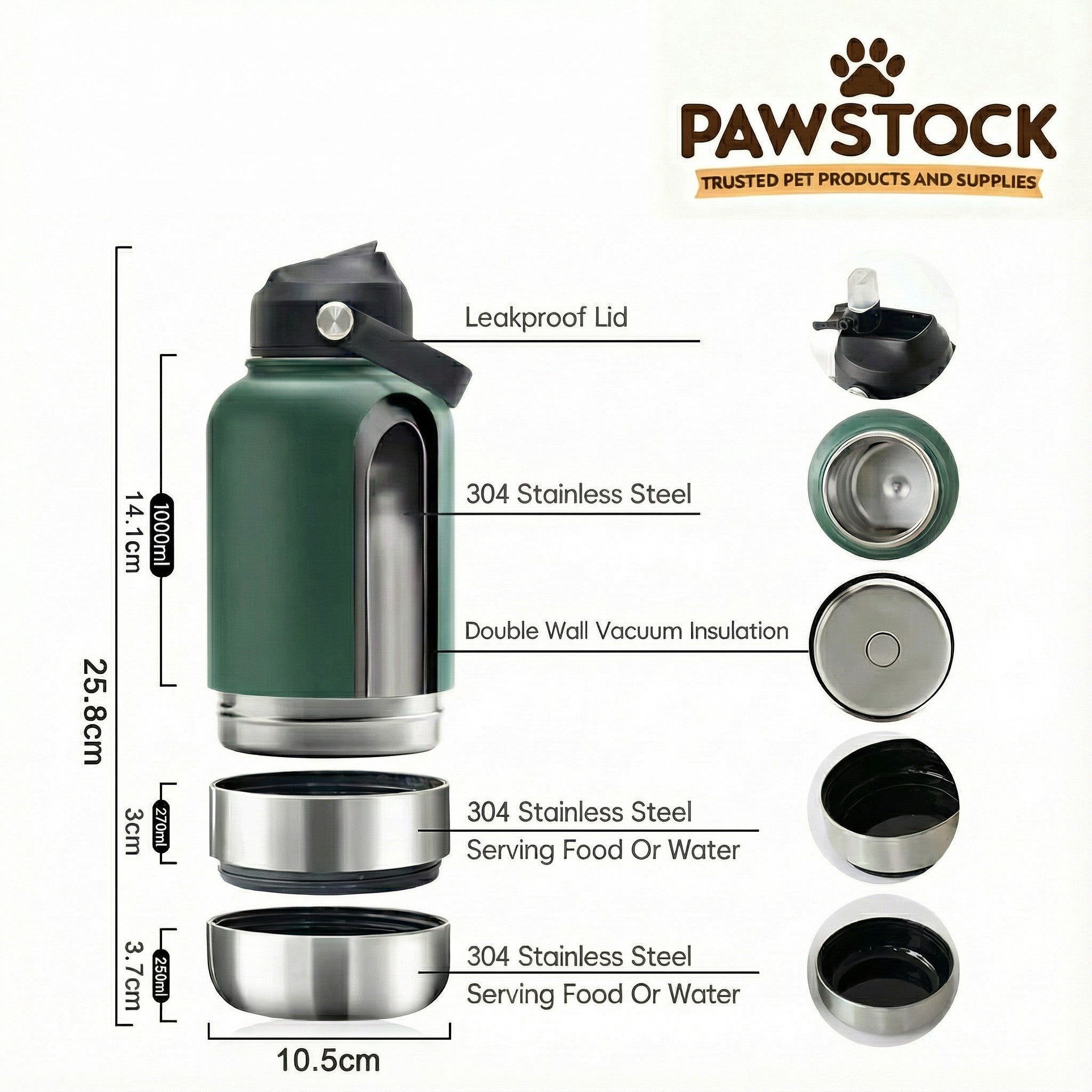 Dog Bowls, Feeders & Waterers: Pawstock 3-in-1 Insulated Dog Water Bottle with Dual Bowls  1L Stainless Steel Travel Bottle - Navy
