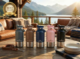 Dog Bowls, Feeders & Waterers: Pawstock 3-in-1 Insulated Dog Water Bottle with Dual Bowls  1L Stainless Steel Travel Bottle - Gray