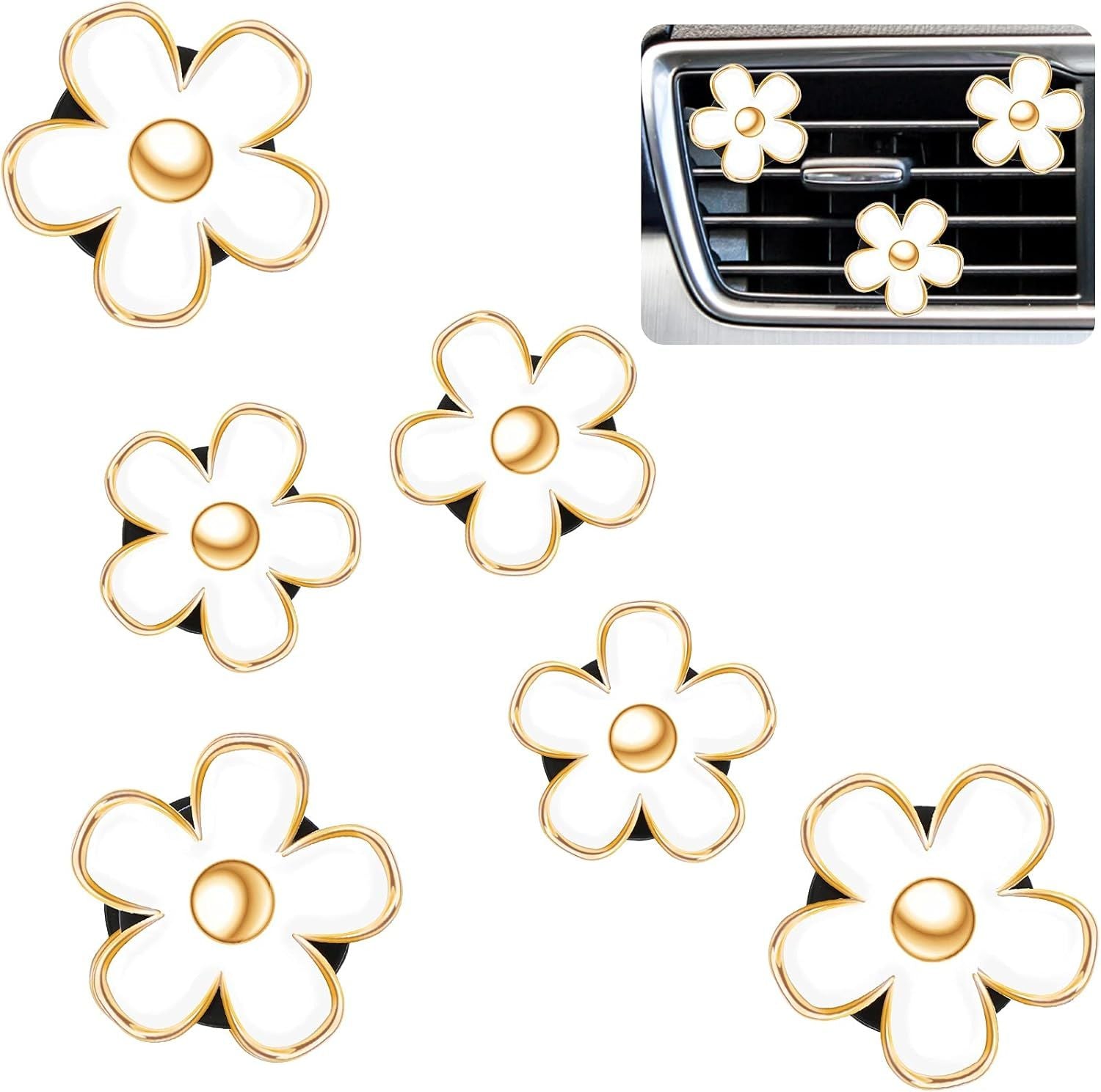 6 Pcs Daisy Flower Air Vent Clip Accessories Air Conditioning Outlet Clip Car Air Freshener Dashboard Accessories Charm Car Inter Decor(3 cm, 3.3 cm,White)