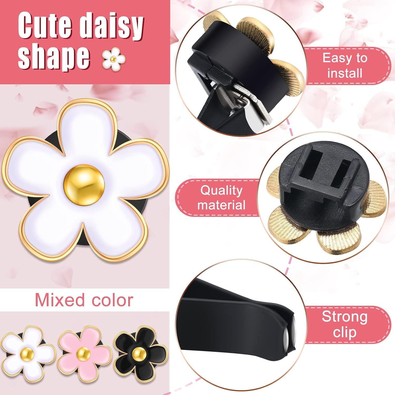 6 Pcs Daisy Flower Air Vent Clip Accessories Air Conditioning Outlet Clip Car Air Freshener Dashboard Accessories Charm Car Inter Decor(3 cm, 3.3 cm,Black, Pink, White)