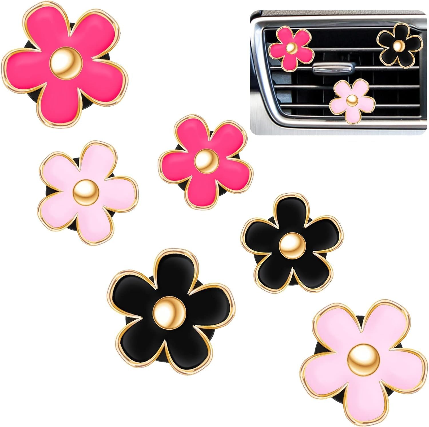6 Pcs Daisy Flower Air Vent Clip Accessories Air Conditioning Outlet Clip Car Air Freshener Dashboard Accessories Charm Car Inter Decor(3 cm, 3.3 cm,Red, Pink, Black)
