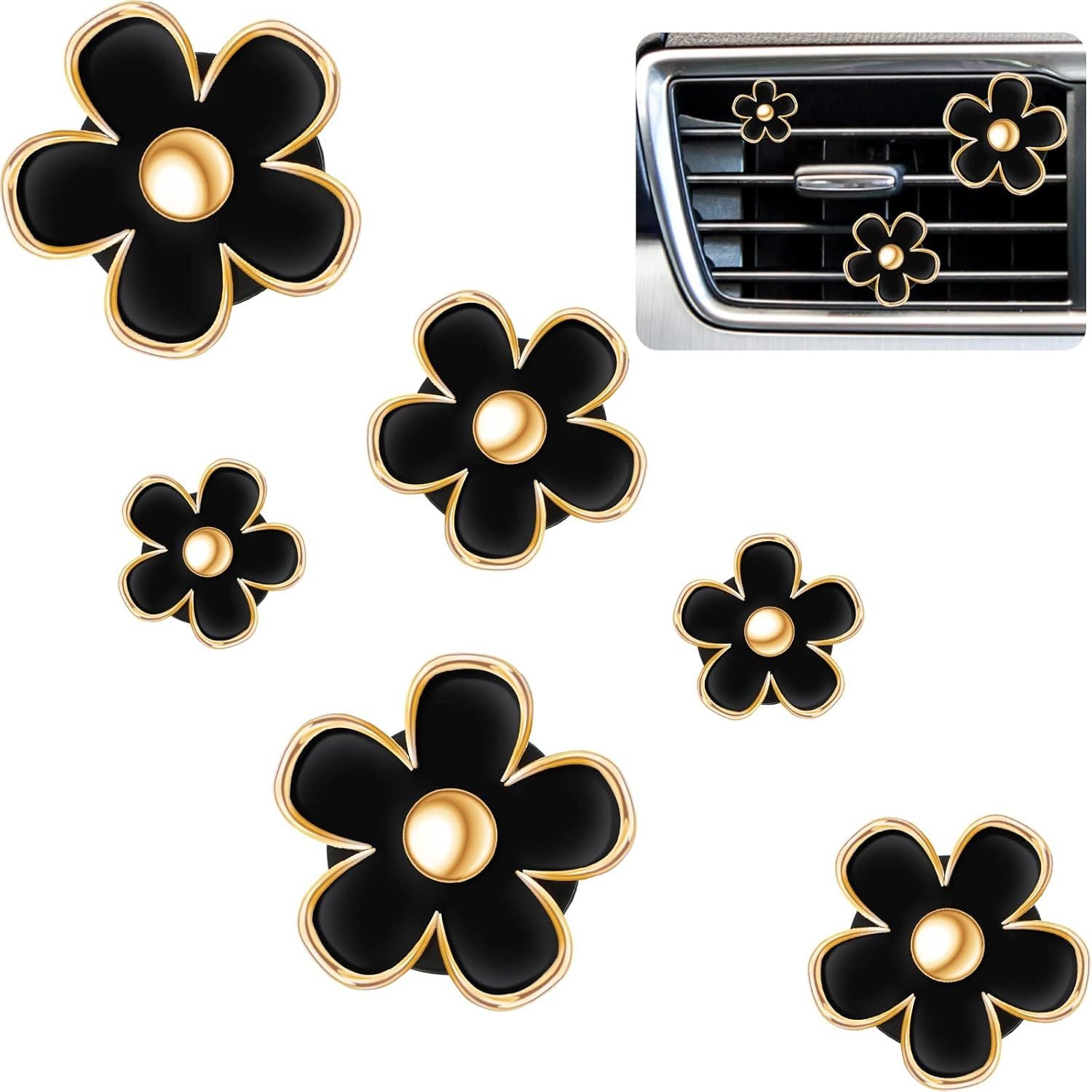 6 Pcs Daisy Flower Air Vent Clip Accessories Air Conditioning Outlet Clip Car Air Freshener Dashboard Accessories Charm Car Inter Decor(2.5 cm, 3 cm, 3.3 cm,Black)