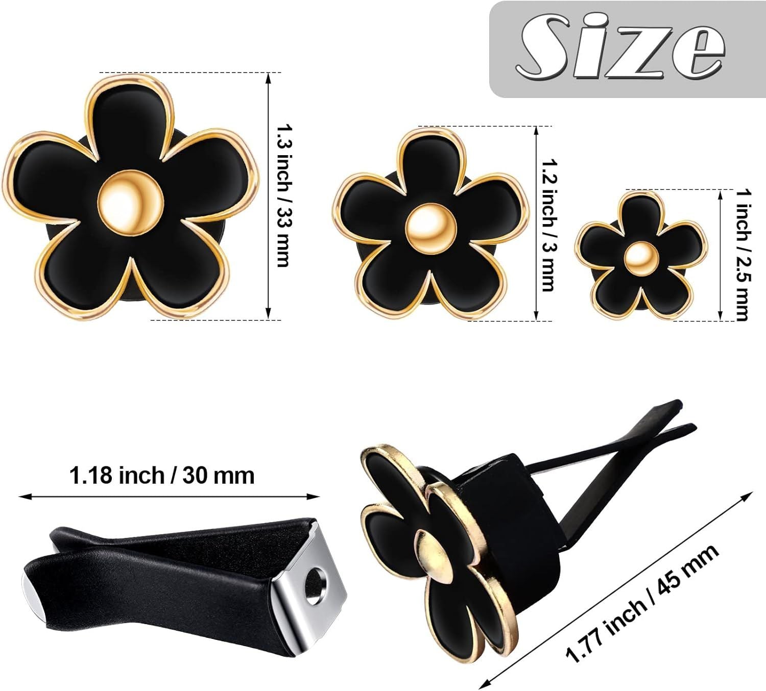6 Pcs Daisy Flower Air Vent Clip Accessories Air Conditioning Outlet Clip Car Air Freshener Dashboard Accessories Charm Car Inter Decor(2.5 cm, 3 cm, 3.3 cm,Black)