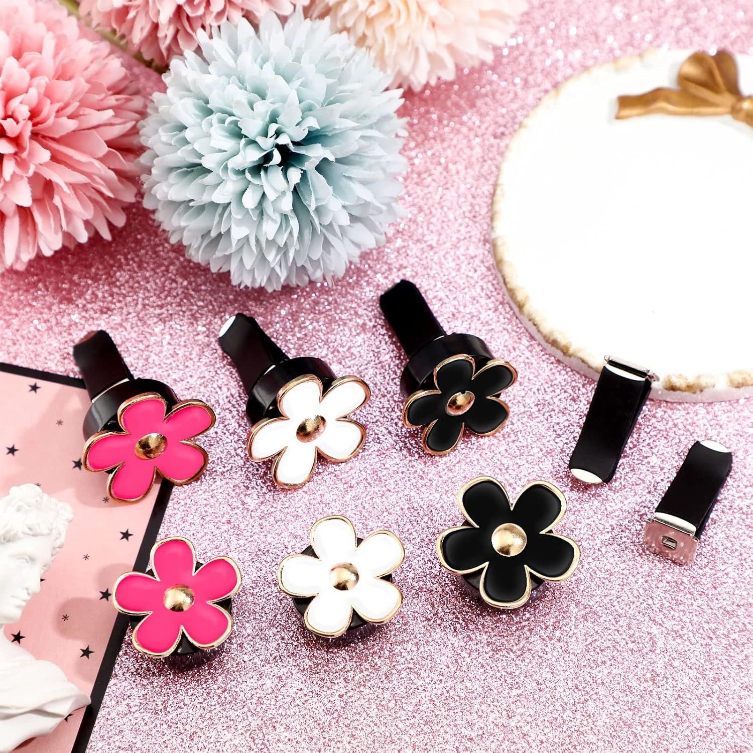 6 Pcs Daisy Flower Air Vent Clip Accessories Air Conditioning Outlet Clip Car Air Freshener Dashboard Accessories Charm Car Inter Decor(3 cm, 3.3 cm,Red, White, Black)
