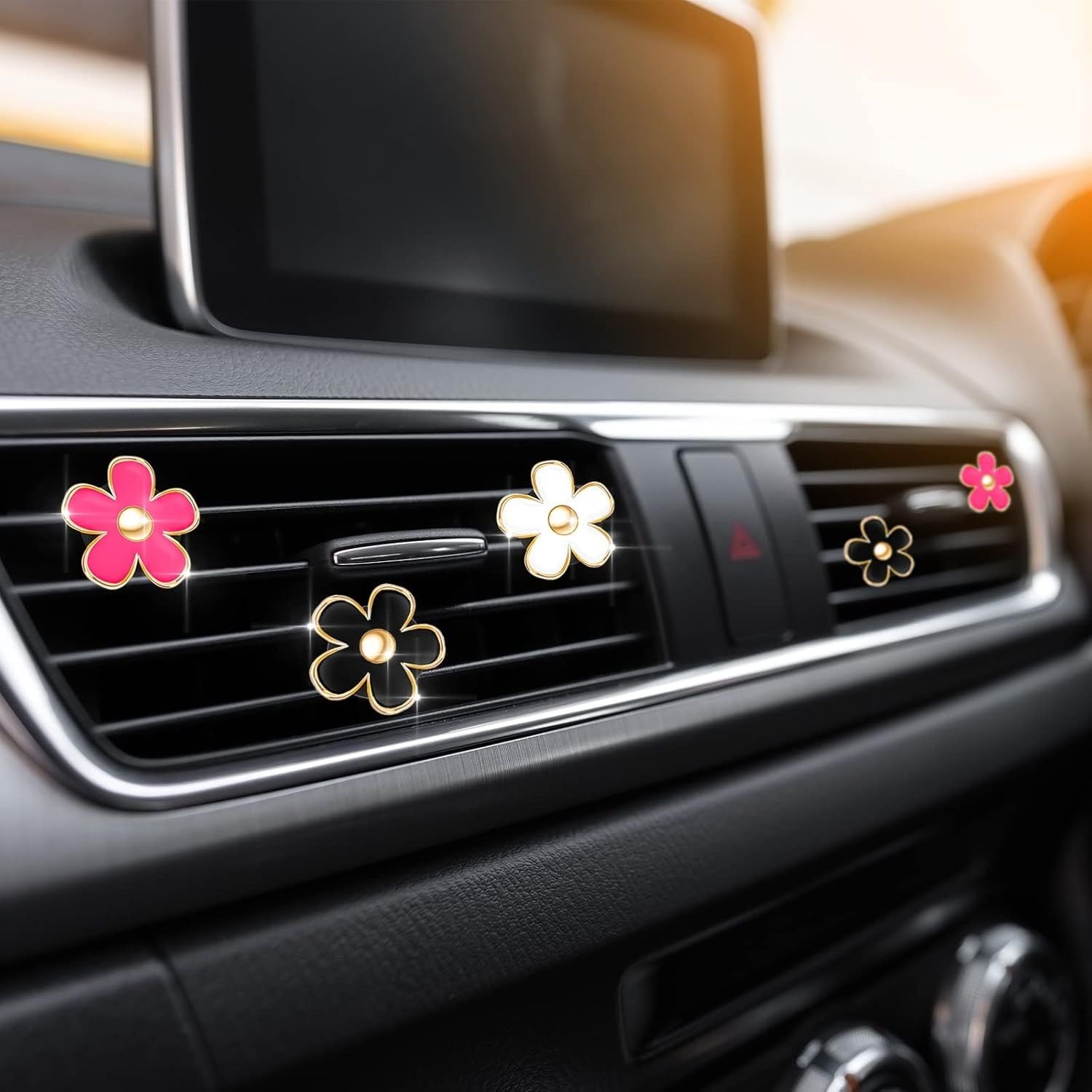 6 Pcs Daisy Flower Air Vent Clip Accessories Air Conditioning Outlet Clip Car Air Freshener Dashboard Accessories Charm Car Inter Decor(3 cm, 3.3 cm,Red, White, Black)