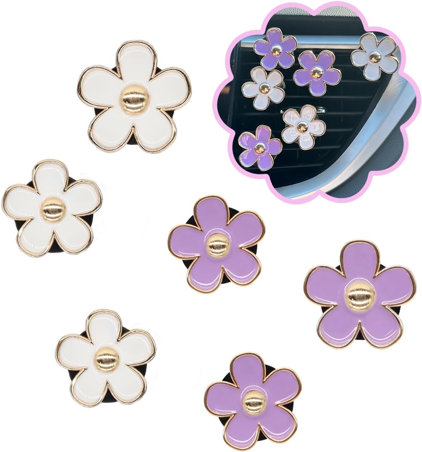 6pcs Flowers Car Air Freshener Vent Clips Purple White Daisy Air Vent Clip Car Accessories for Women 3.3cm/3cm Flower Vehicle Interior Decor Refillable Diffuser