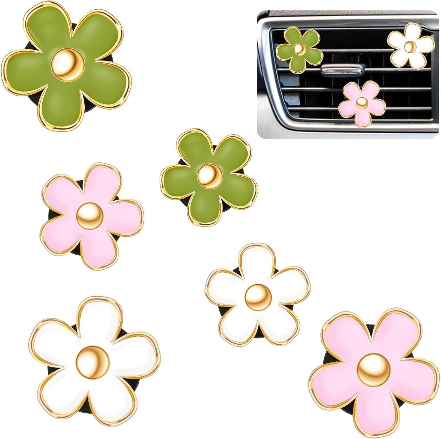 6 Pcs Daisy Flower Air Vent Clip Accessories Air Conditioning Outlet Clip Car Freshener Dashboard Accessories Charm Car Inter Decor (Green, Pink,White,3/3.3 cm)