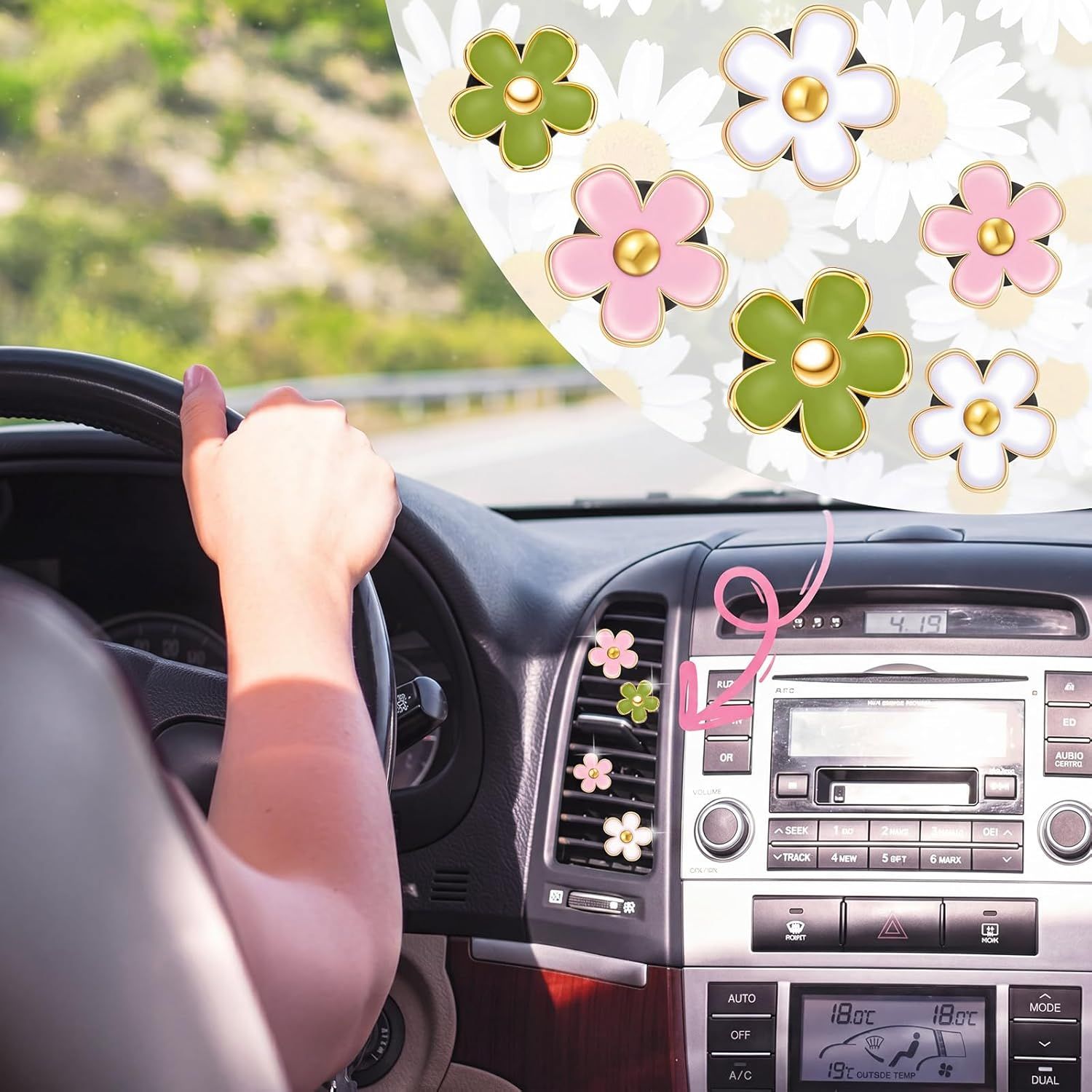 6 Pcs Daisy Flower Air Vent Clip Accessories Air Conditioning Outlet Clip Car Freshener Dashboard Accessories Charm Car Inter Decor (Green, Pink,White,3/3.3 cm)