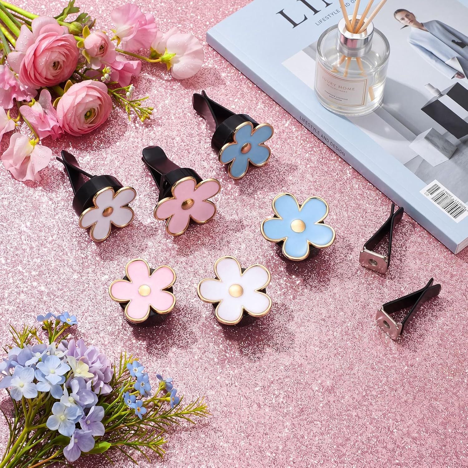 6 Pcs Daisy Flower Air Vent Clip Accessories Air Conditioning Outlet Clip Car Freshener Dashboard Accessories Charm Car Inter Decor(Blue, Pink,White,3/3.3 cm)