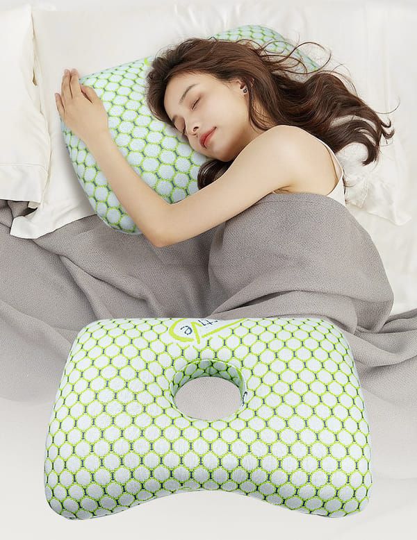 Green Ergonomic Ear Pillow with Hole for Side Sleepers, Ear Pain Relief Cushion, Washable Cover for Piercing & CNH