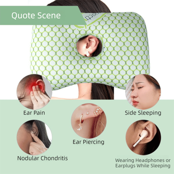 Green Ergonomic Ear Pillow with Hole for Side Sleepers, Ear Pain Relief Cushion, Washable Cover for Piercing & CNH