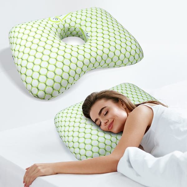 Green Ergonomic Ear Pillow with Hole for Side Sleepers, Ear Pain Relief Cushion, Washable Cover for Piercing & CNH
