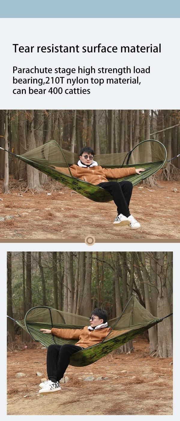 Military‑Green Outdoor Camping Hammock with Mosquito Net, Anti‑Tipping Nylon Fabric, Quick Setup Hammock for Single & Double Person