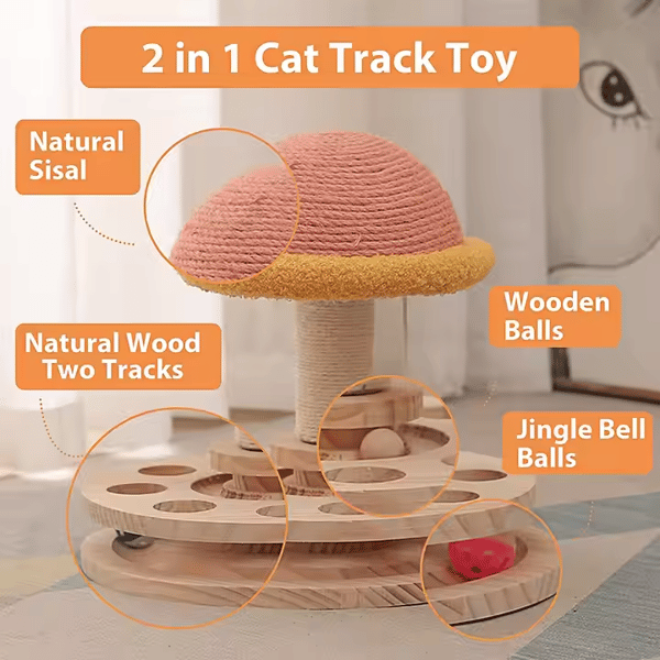 Large Pink Interactive Cat Scratching Post with Ball Track, Fun Mushroom‑Shaped Cat Toy for Playing, Scratching & Entertainment