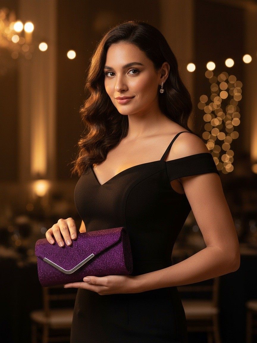 Women Fashion Wedding Evening Clutch Bag, V‑Shaped Metal Trim Versatile Chain Formal Party Handbag for Prom Banquet, Black