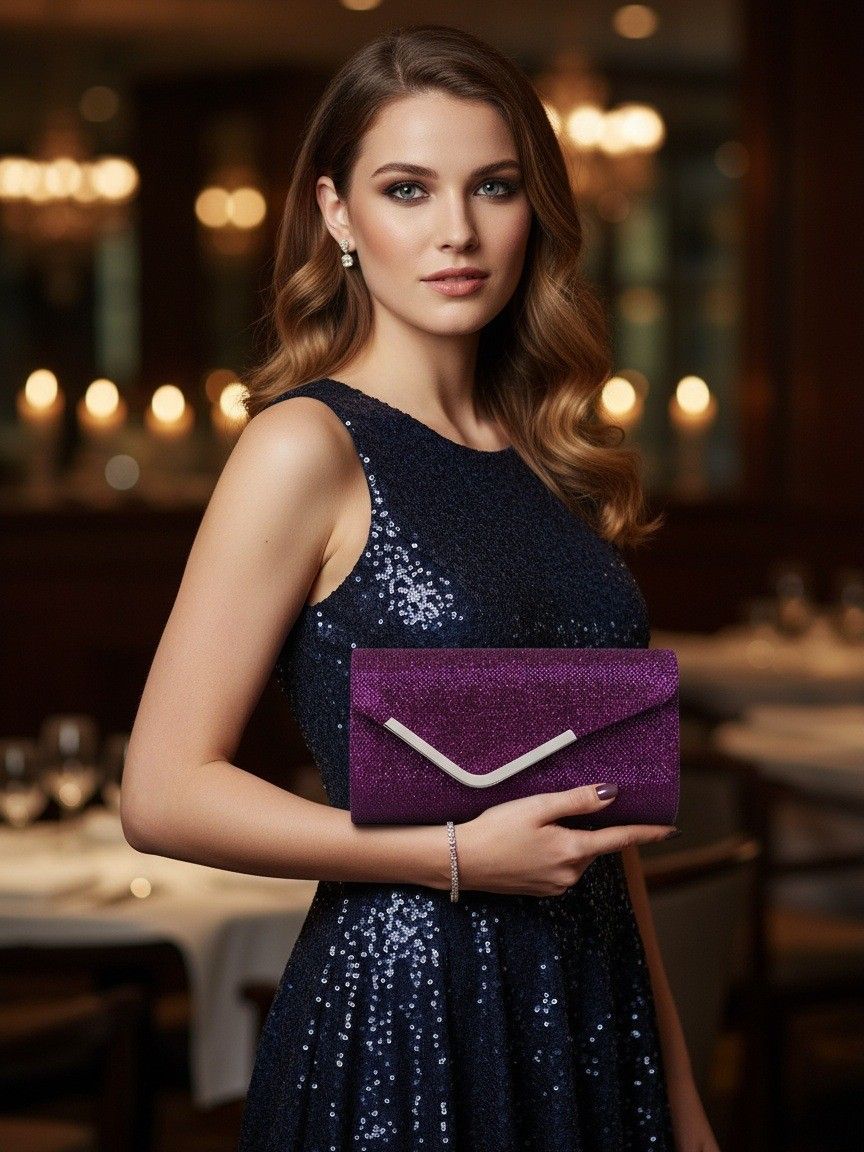Women Fashion Wedding Evening Clutch Bag, V‑Shaped Metal Trim Versatile Chain Formal Party Handbag for Prom Banquet, Black