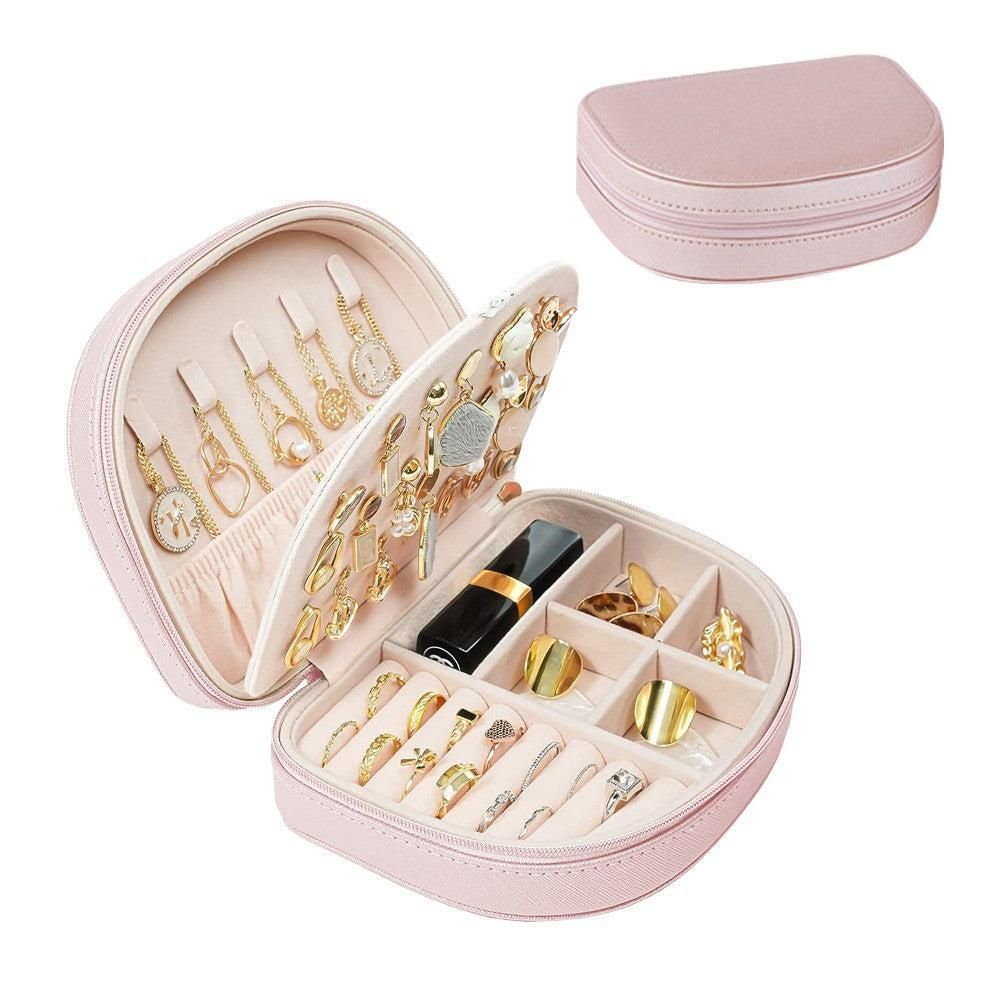 Portable Double Layer Jewelry Organizer Box PU Leather Jewelry Storage Case Apricot