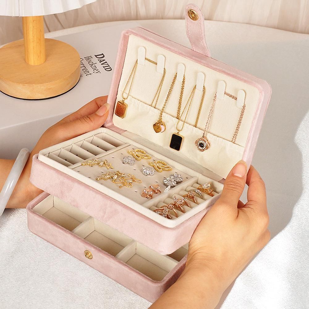 Portable Jewelry Box Storage Organizer for Rings Necklaces & Earrings Pink