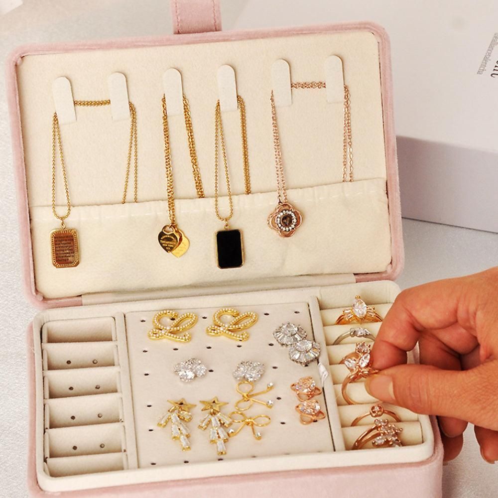 Portable Jewelry Box Storage Organizer for Rings Necklaces & Earrings Pink