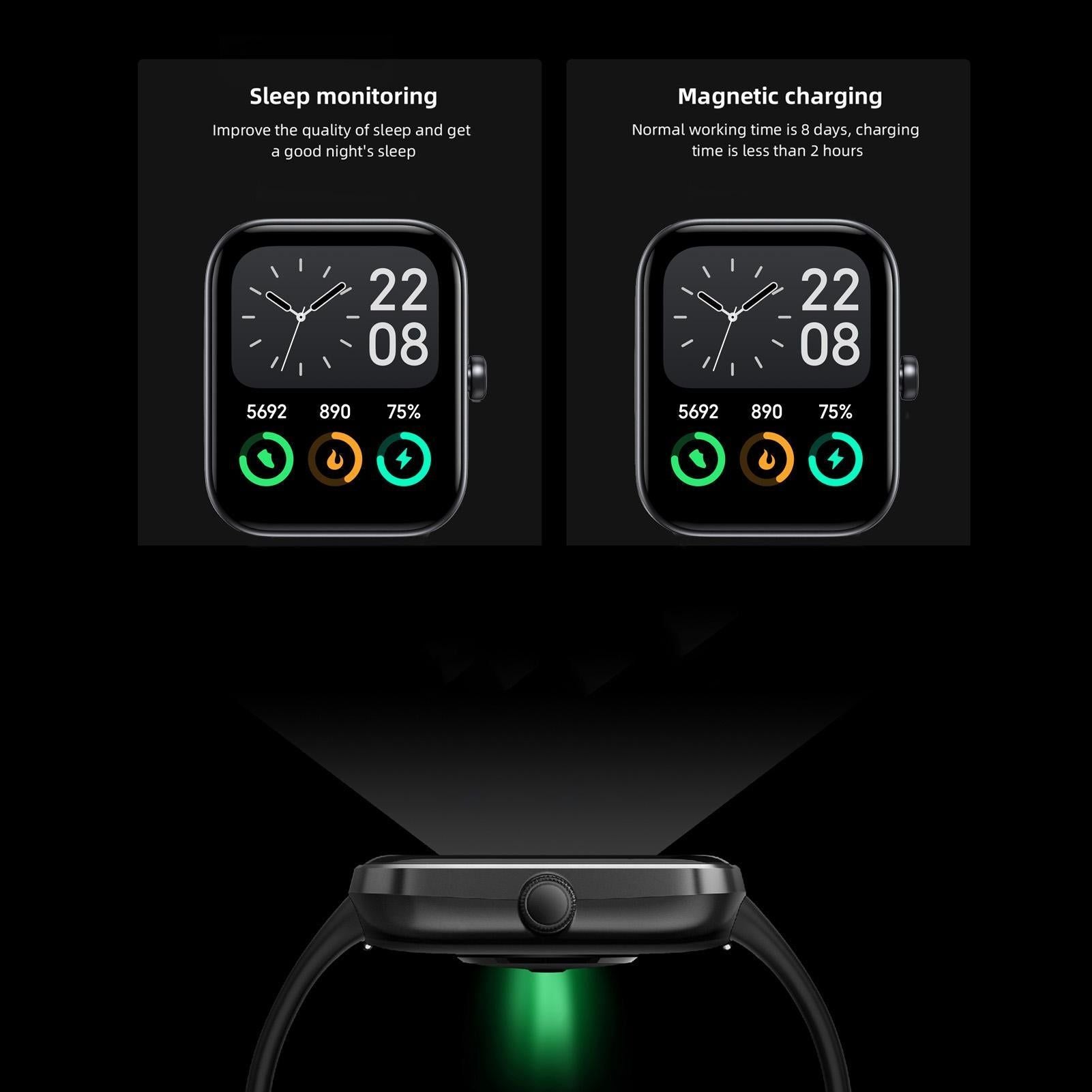 1.8inch Smart Watch IP68 BT5.3 for Android iOS with Heart Rate Monitoring Exercise Records 1pc（Black）