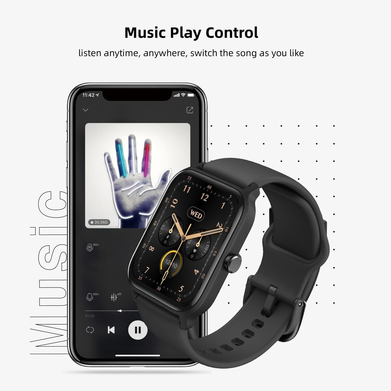 1.8inch Smart Watch IP68 BT5.3 for Android iOS with Heart Rate Monitoring Exercise Records 1pc（Black）