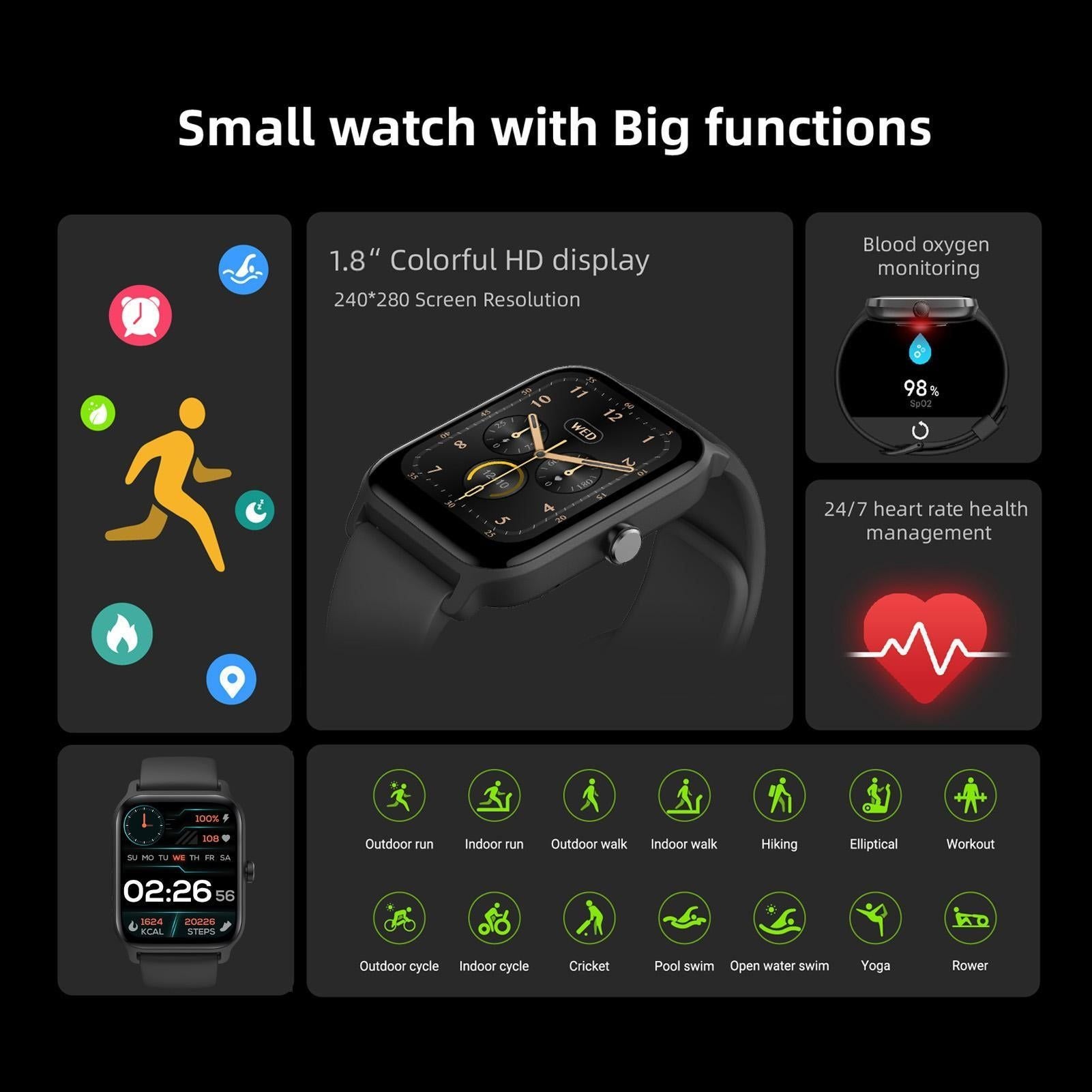 1.8inch Smart Watch IP68 BT5.3 for Android iOS with Heart Rate Monitoring Exercise Records 1pc（Black）