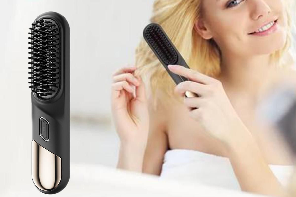 Cordless Hair Straightener Brush Mini Hot Comb for Women Anti-Scald Protection -Black