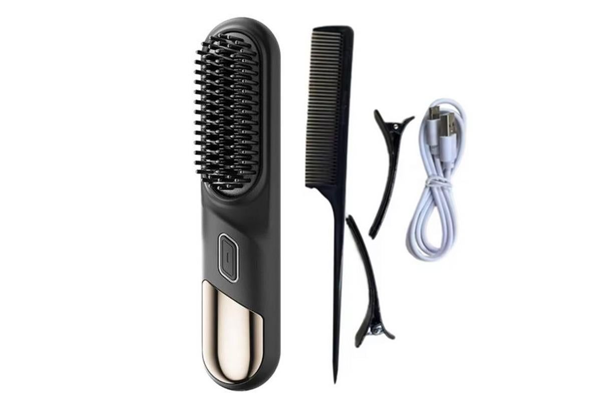 Cordless Hair Straightener Brush Mini Hot Comb for Women Anti-Scald Protection -Black