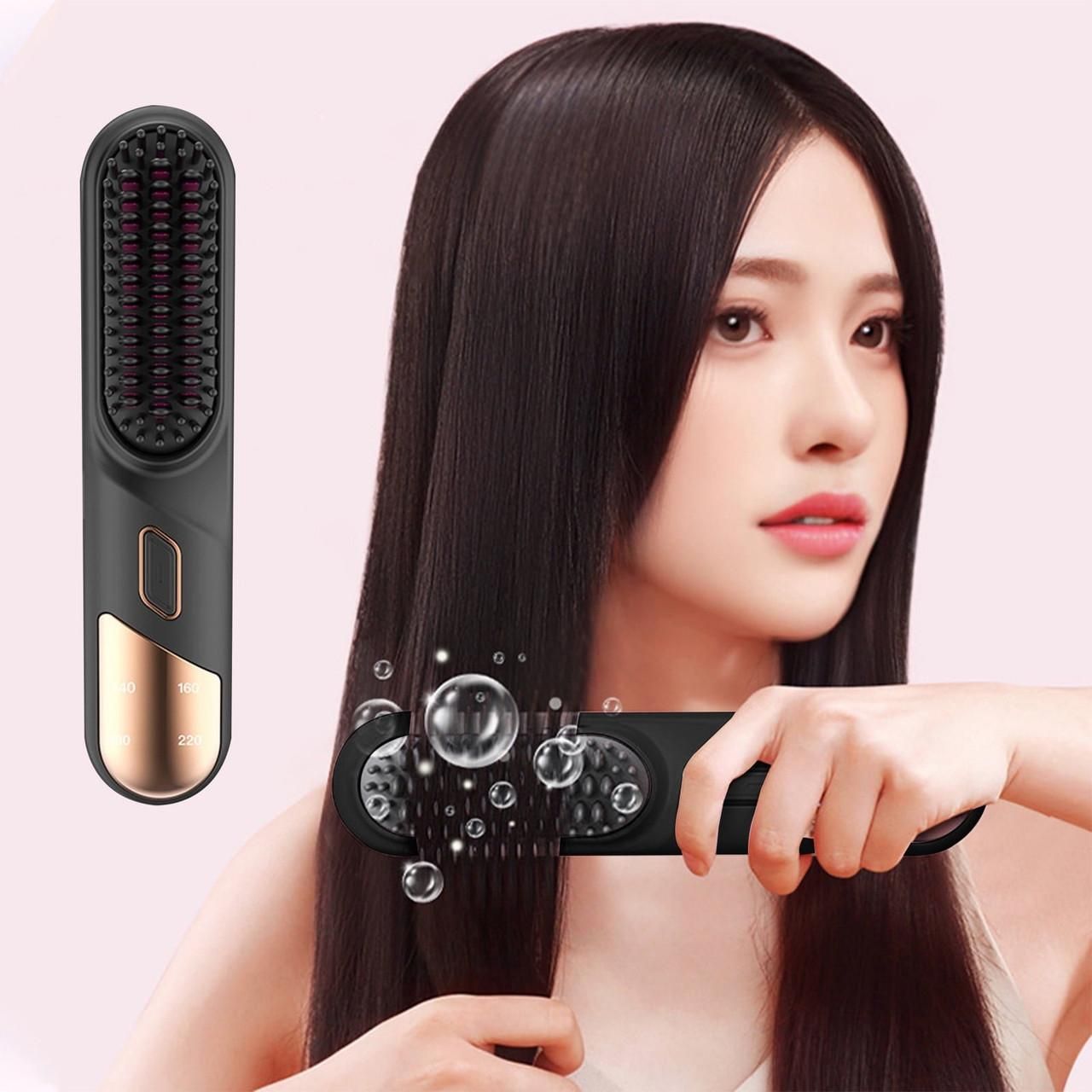 Cordless Hair Straightener Brush Mini Hot Comb for Women Anti-Scald Protection -Black