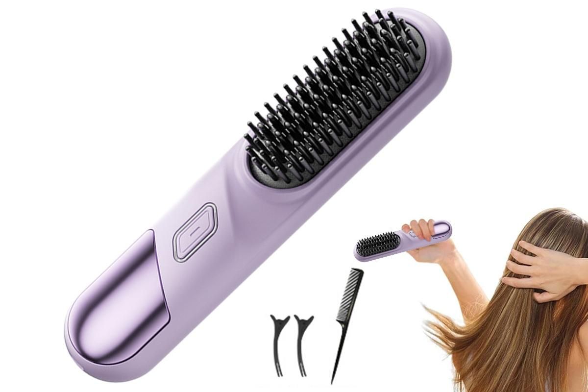 Cordless Hair Straightener Brush Mini Hot Comb for Women Anti-Scald Protection -Purple