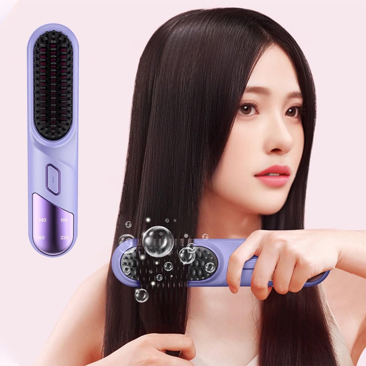 Cordless Hair Straightener Brush Mini Hot Comb for Women Anti-Scald Protection -Purple