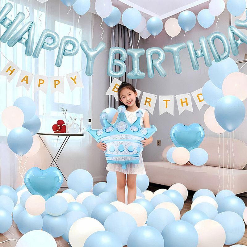 Birthday Party Decor Set: “HAPPY BIRTHDAY” Balloons + Bunting + Crown Set, Birthday Party Decor - Blue Set