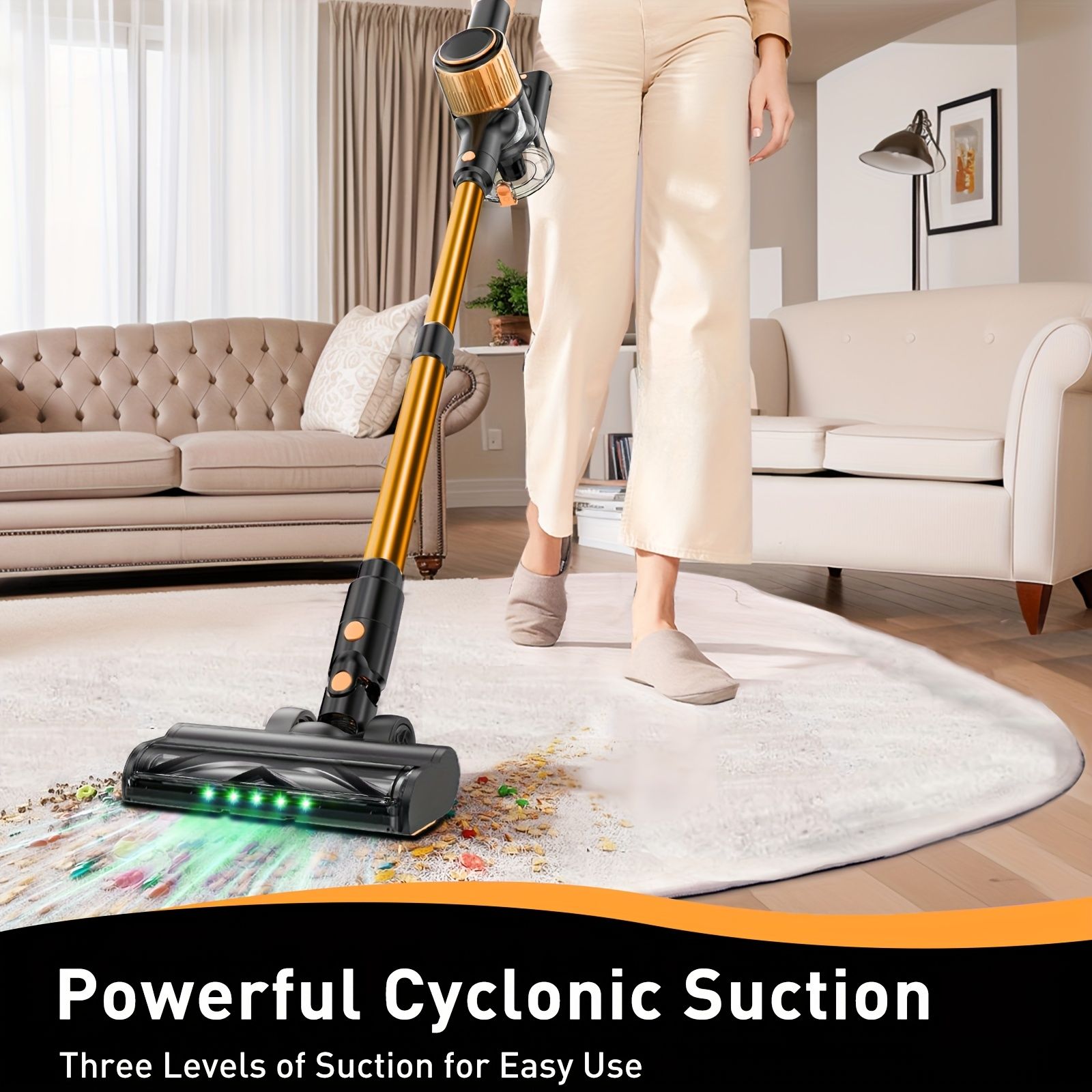 Cordless Vacuum Cleaner, 55Kpa Powerful Suction，8-in-1 Powerful Stick Vacuum Cleaner with Anti-tangle Brush And Upgraded Green Light, 2200mAh. 45 Minute Run Time Rechargeable Lightweight Vacuum Cleaner for Hardwood Floors, Carpets And Pet Hair.