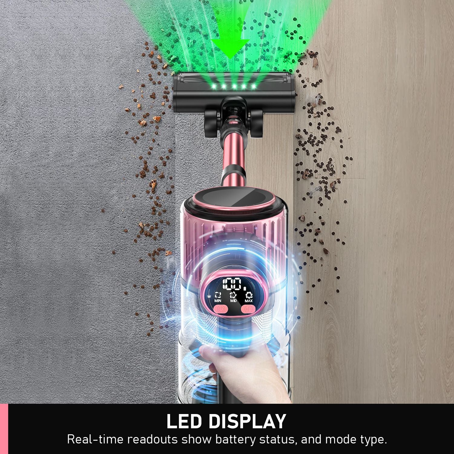 Cordless Vacuum Cleaner, 8 in 1 Powerful Suction Lightweight Vacuum Cleaner for Home, 55Kpa Powerful Suction，LED Display, 3 Suction Modes, 45Mins Detachable Battery Vacuum for Hard Floor Carpet Pet Hair