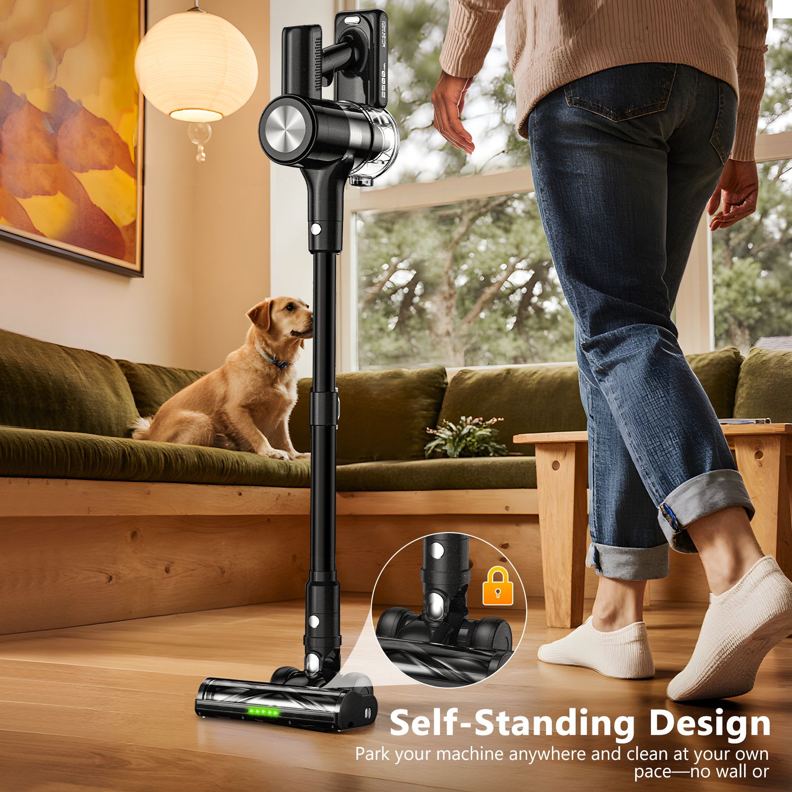 Cordless Vacuum Cleaner, 55Kpa/55Mins Vacuum Cleaners for Home. Self-Standing Stick Vacuum with Rechargeable Dock，LED Display & Anti-Tangle，Lightweight Rechargeable Vacuum for Carpet，Floor