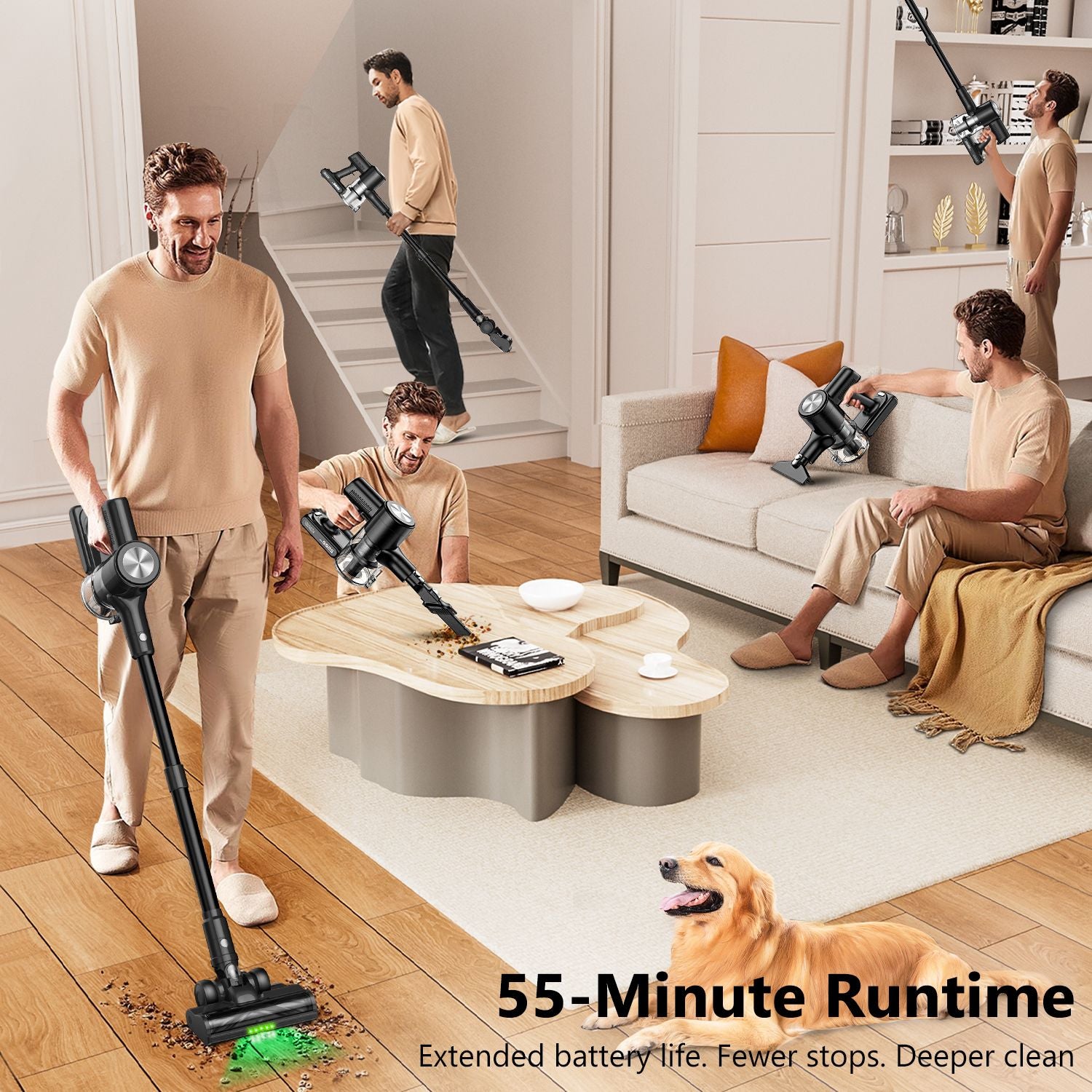 Cordless Vacuum Cleaner, 55Kpa/55Mins Vacuum Cleaners for Home. Self-Standing Stick Vacuum with Rechargeable Dock，LED Display & Anti-Tangle，Lightweight Rechargeable Vacuum for Carpet，Floor