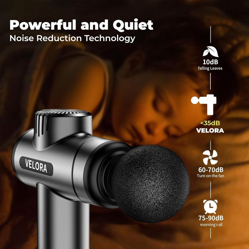 VELORA Mini Massage Gun - Deep Tissue Percussion Massager for Neck Back Shoulder Leg Foot - 6 Heads USB-C Rechargeable - Grey